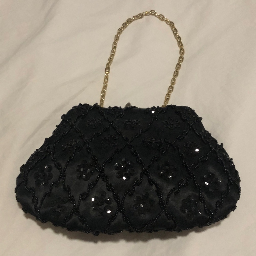 Vintage Black Beaded Satin Evening Bag with Gold Chain